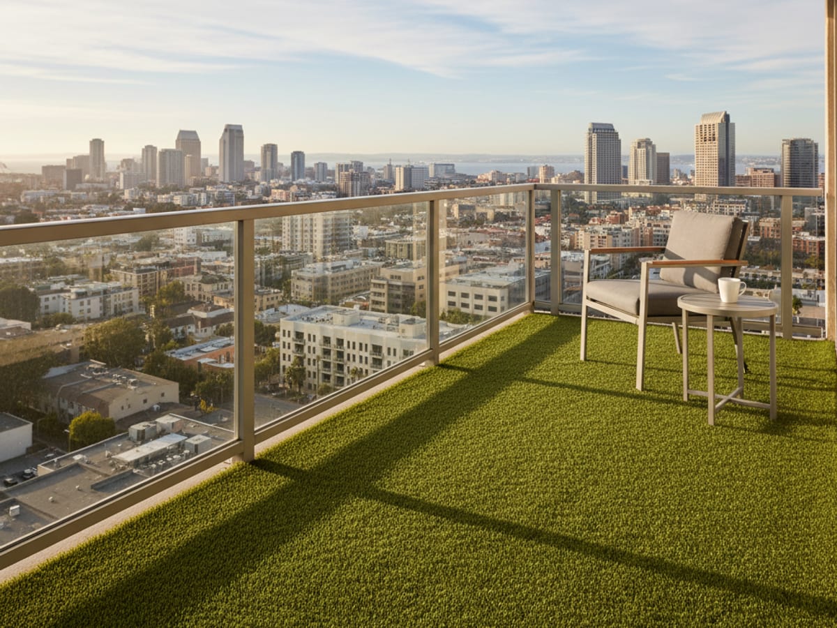 Artificial turf on a San Diego rooftop deck with city and coastline views in the background