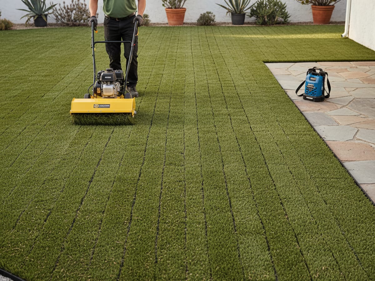 Homeowner rinsing artificial turf with a garden hose in a sunny San Diego backyard
