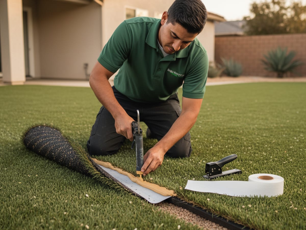 Installer re-seaming a section of artificial turf in a sunny San Diego backyard